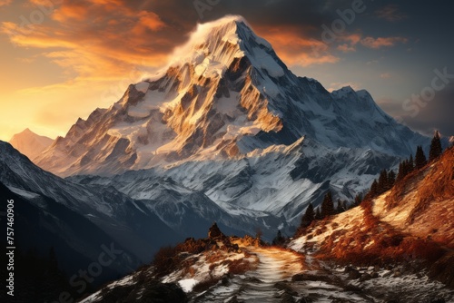 Snowy mountain in natural landscape with path at sunset, under colorful sky