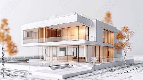 White model of contemporary style house with focus on balcony overlying detailed blueprints' cutout on white background