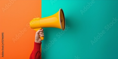 Hand holding a yellow megaphone against an orange and teal background.