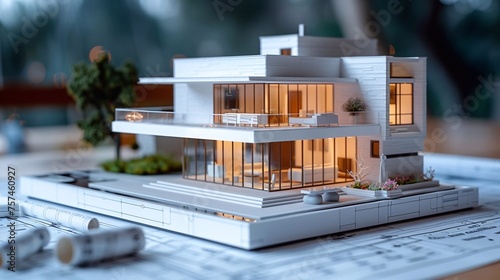 White model of contemporary style house with focus on balcony overlying detailed blueprints' cutout on white background