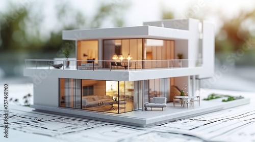 White model of contemporary style house with focus on balcony overlying detailed blueprints' cutout on white background