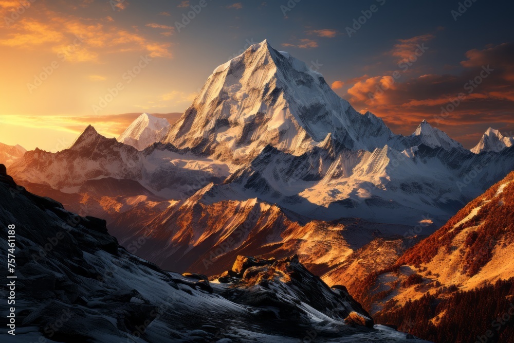 Snowcovered mountain in natural landscape with sunset backdrop