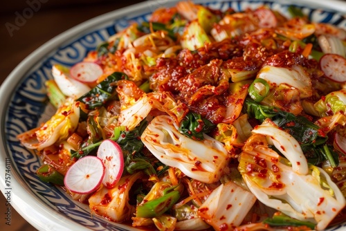 Close up of a large, colorful bowl filled with spicy kimchi, showcasing the variety of ingredients like cabbage, radish, and scallions