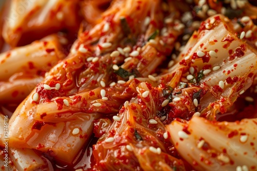 Detailed close-up of a plate of food featuring a vibrant sauce with intricate details like chili flakes and sesame seeds