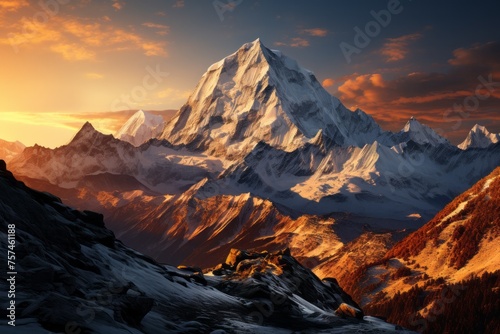 Snowcovered mountain in natural landscape with sunset backdrop © JackDong