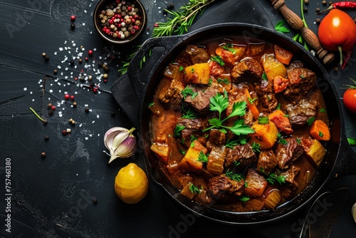 A rustic bowl filled with beef stew, chunks of meat, and assorted vegetables, resting on a wooden surface