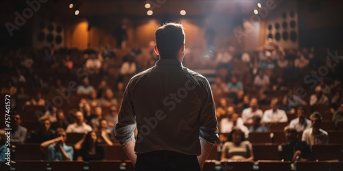 Man standing in front of an audience in a dimly lit auditorium.
