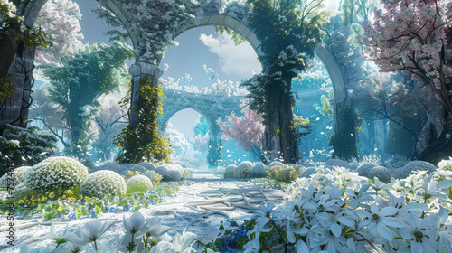 Enchanted Elven Garden of Dreams with White and Light Blue Blossoms Amidst Colorful Elven Trees. With Arches. Fantasy Elven Landscape