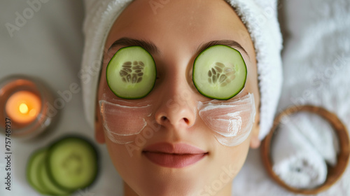 Young woman receiving natural facial treatment with cucumber on eyes 