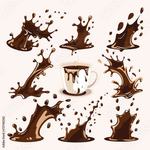 Vector splashes of coffee or hot chocolate illustrations set isolated on the background