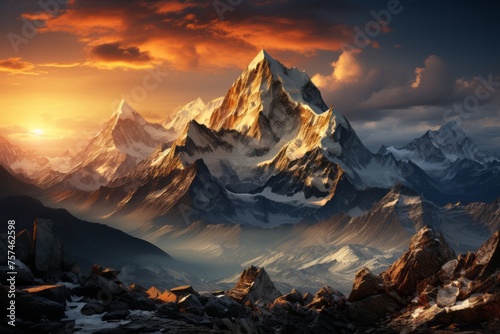 A natural landscape painting with a mountain range and sunset in the background