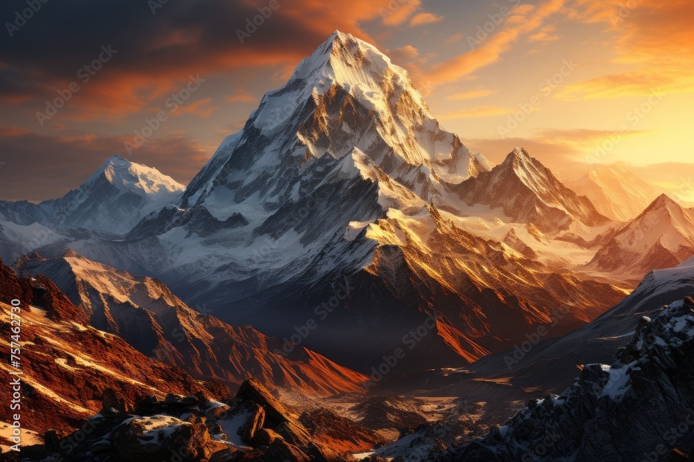 Snowcovered mountain in a brilliant sunset, under a colorful sky