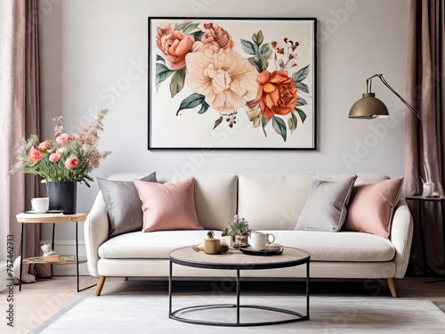 living room on wall watercolor flower and natural floral poster frame with comfortable sofa and pillow in front of tea table with white background