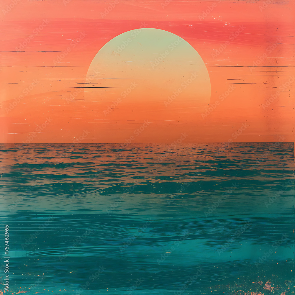  Tropical sunset in shades of orange, pink, and teal gradient with a captivating grainy texture. Ideal for a serene and picturesque summer poster