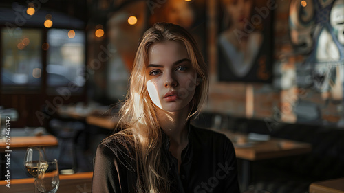 pretty young woman in restaurant, pretty young woman eating in the restaurant, restaurant scene