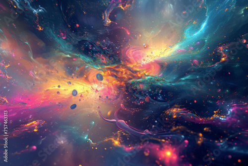 Captivating cosmic explosion of color with swirling neon pinks, blues, and oranges resembling a vibrant nebula, imaginative backdrops, music album art, digital wallpaper