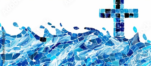 mosaic illustration of the cross with blue water flowing out, white background Generative AI