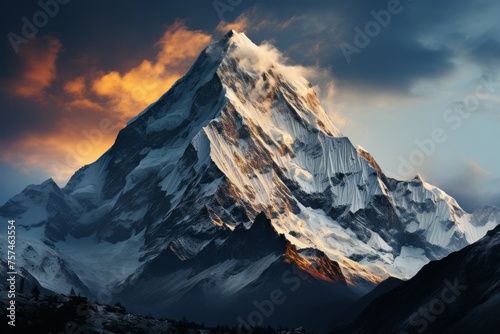 Snowy mountain with a cloudy sky in the background, a majestic natural landscape