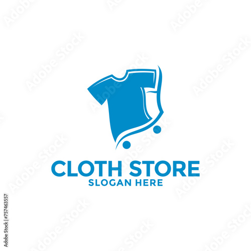 T-Shirt with cart shop clothing store logo design inspiration. Cloth Shop logo vector template