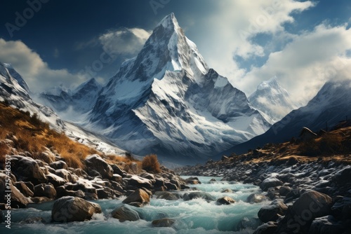 A snowy mountain with a river, creating a picturesque natural landscape