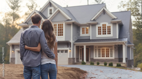 Rear view of young married couple chooses and buys house