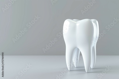 3d white, healthy-looking molar tooth isolated on a light grey background with copy space