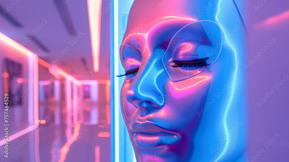 A striking visage with neon contours that creates a modern and surreal atmosphere in what appears to be a gallery setting A striking visage with neon contours that creates a modern and surreal atmosphere in what appears to be a gallery setting