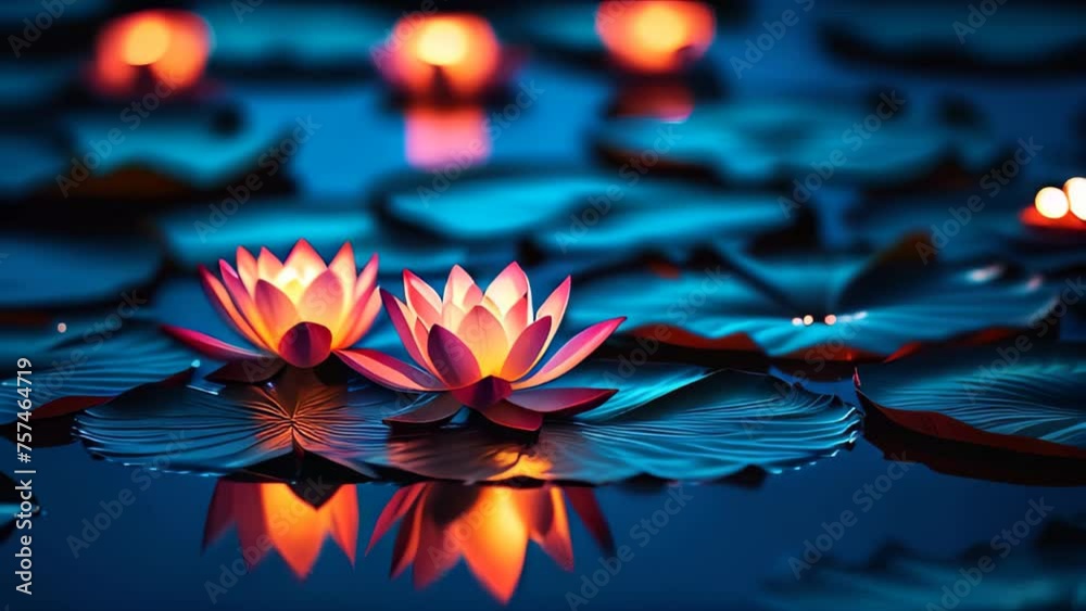 Beautiful pink lotus flowers on the water in pond at twilight. selective focus. Water lily flower blooming. Lotus blossoming. Red Water lily. Vesak day concept.
