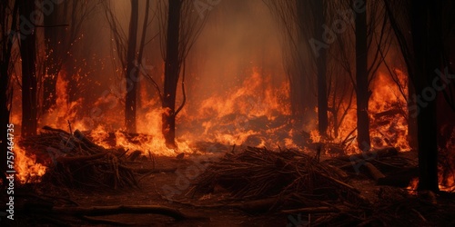 Flames engulf the mountainous terrain, with dry grass and trees burning prominently in the foreground.