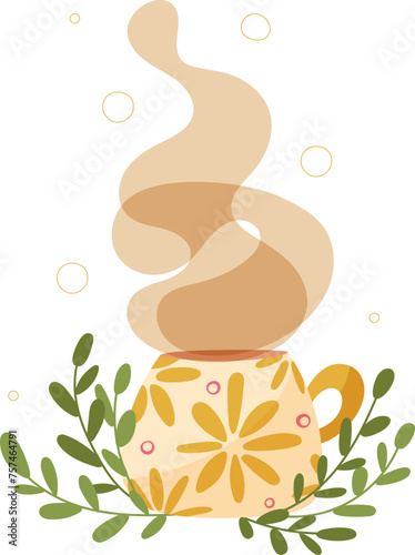 Hand draw cup and saucer with leaves and chrysanthemums isolated on white, Mug with coffee, tea. Vector illustration in cartoon.Splash of coffee, 