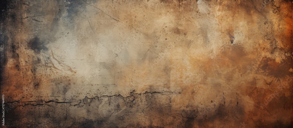 A close up of a dirty brown wall with wood tints and shades, stained with various patterns resembling grass art in a natural landscape