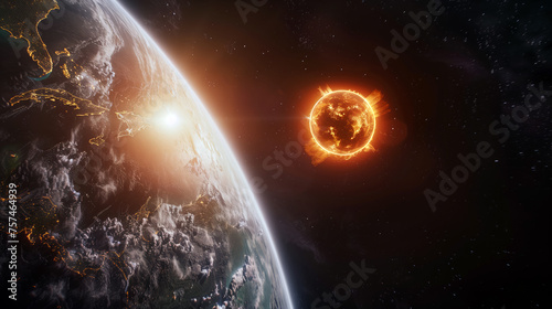 A stunning cosmic scene depicting Earth with a radiant sunrise and a fiery solar flare erupting from the sun.