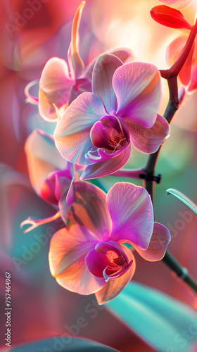 Beautiful large orchid flowers on a branch.