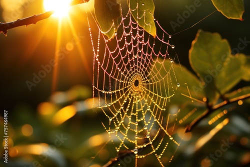 Spider web covered in dew, resting on a tree branch