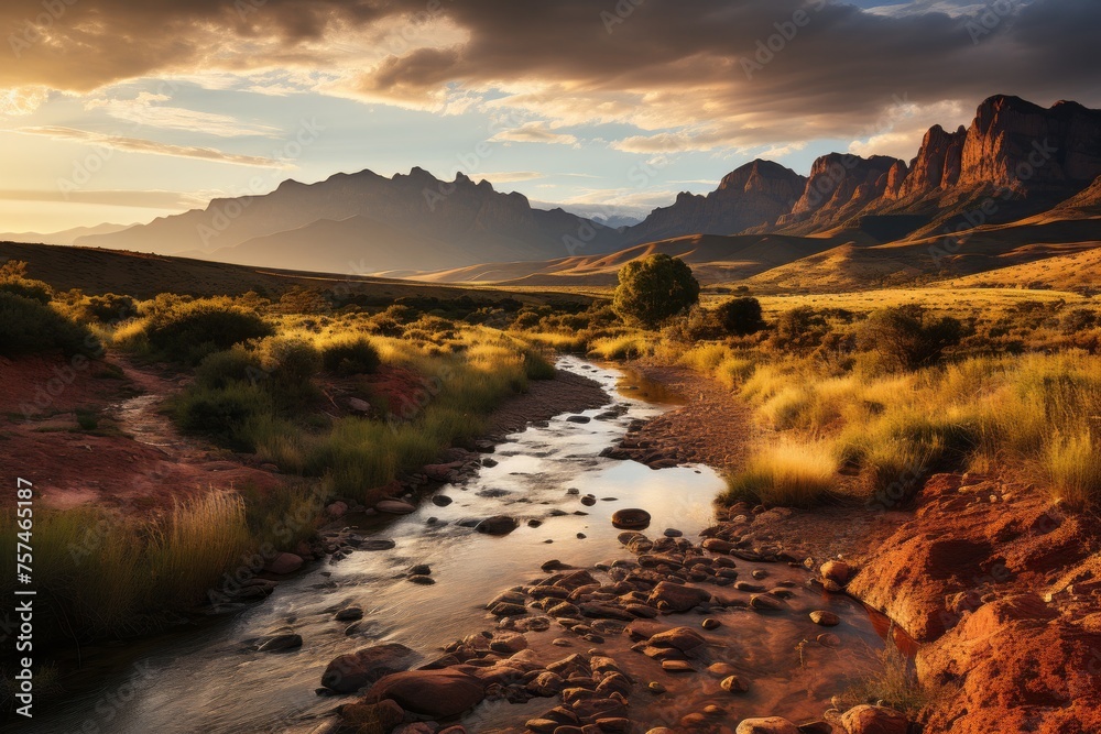 A river flows through a desert ecoregion with mountains in the backdrop