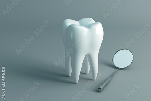A single, white, healthy-looking molar tooth next to dentistry mirror against a grey background. Dental practice concept.