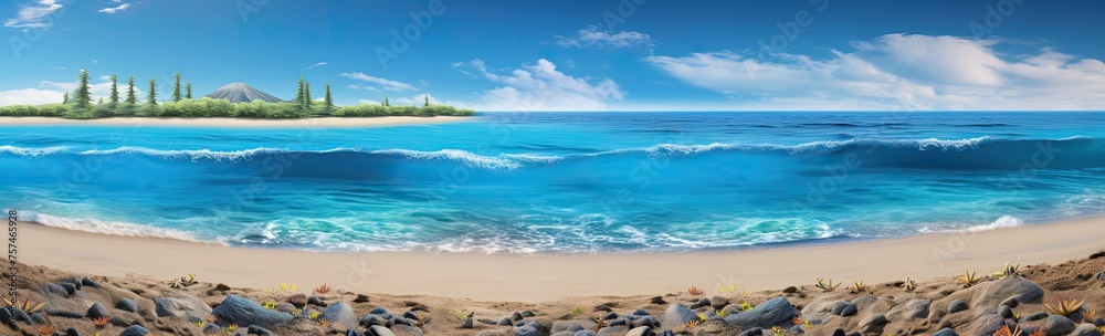 Fototapeta premium A tropical beach boasts serene surroundings, highlighted by its crystal-clear blue waters.