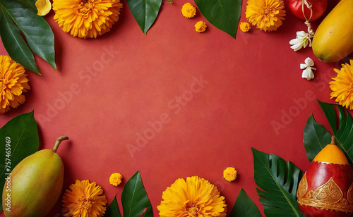 Gudi Padwa concept mango leaves with marigold flowers decoration on red texture background photo