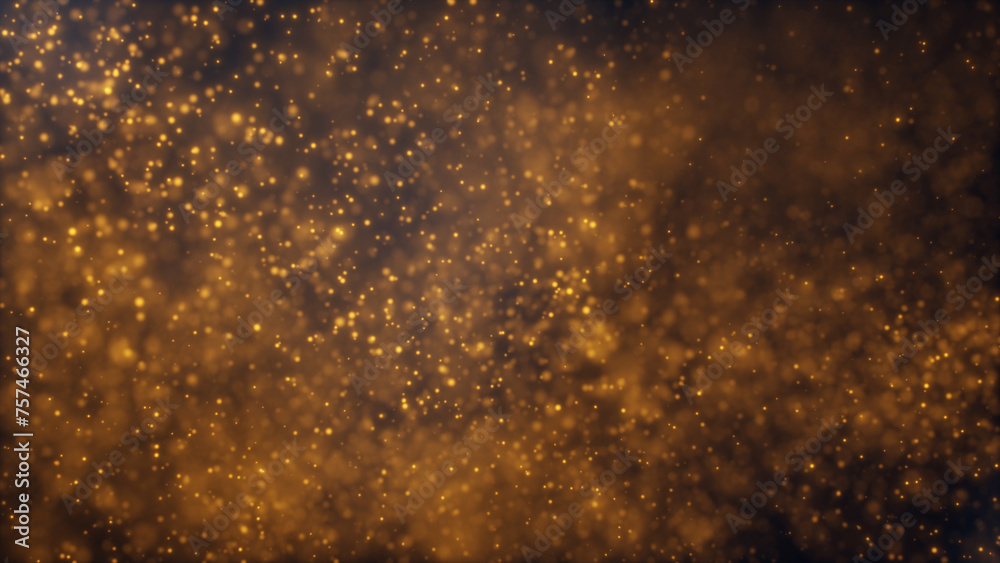 Abstract movements of luminous gold particles in the flow of liquid on a dark background. Beautiful shiny glitter floating bokeh dust with flare, animation in slow motion.