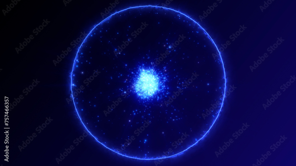 Abstract blue luminous energy sphere of particles field and waves of magical glowing on a dark background. Plasma core emitting fractals scientific. Futuristic hi-tech digital background.