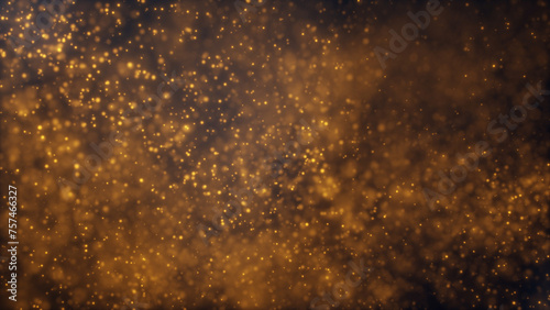 Abstract movements of luminous gold particles in the flow of liquid on a dark background. Beautiful shiny glitter floating bokeh dust with flare, animation in slow motion. © Eilvee