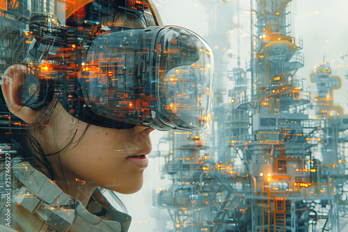 Engineer Visualizing Industrial Complex Through VR Headset.