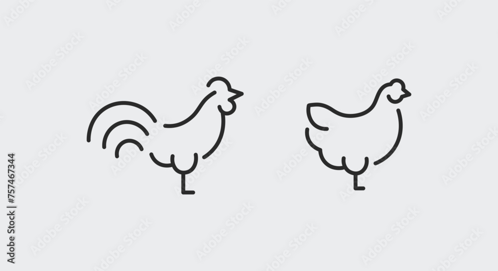 2 black line icons representing a rooster and a hen on a white background for web, mobile, promo materials, SMM. The poultry icons fit in the agriculture and food industry topics. Vector illustration 2 black line icons representing a rooster and a hen on a white background for web, mobile, promo materials, SMM. The poultry icons fit in the agriculture and food industry topics. Vector illustration