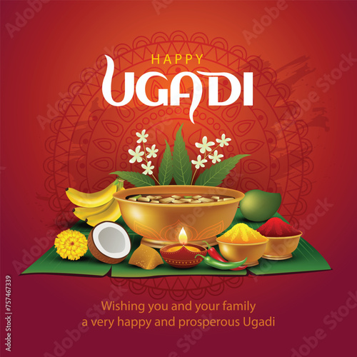 happy Ugadi New Year festival. holiday celebrated by the inhabitants of Karnataka and Andhra Pradesh. abstract vector illustration graphic design.