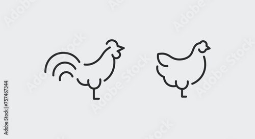 2 black line icons representing a rooster and a hen on a white background for web, mobile, promo materials, SMM. The poultry icons fit in the agriculture and food industry topics. Vector illustration
