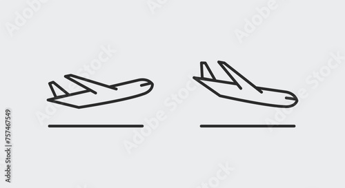 2 black line icons representing a plane taking off left and plane landing right for web, mobile, promotional materials, SMM. Airline travel and industry informational icons. Vector illustration