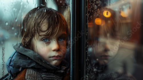 Sad boy looks thoughtfully through the wet window of the train