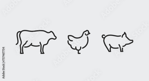 3 black line icons of a cow, a hen, and a pig on a white background for web, mobile, promo materials, SMM. Icons of  agriculture, the food industry, farming and domestic animals. Vector illustration