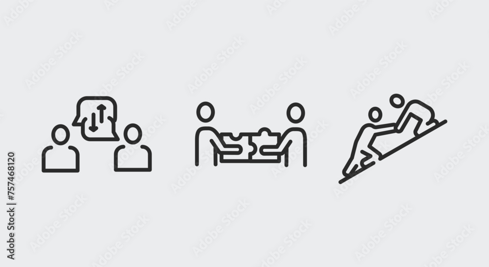 3 black outline icons for web, mobile, and promotional materials. Vector illustration depicting teamwork, collaboration, and partnership.