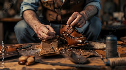 A Cobbler Patching and stitching torn or damaged leather uppers